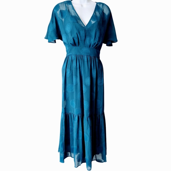 Maggy London Embroidered Teal Midi Dress with V-Neck and Flutter Sleeves Sz. 10P - Picture 2 of 11